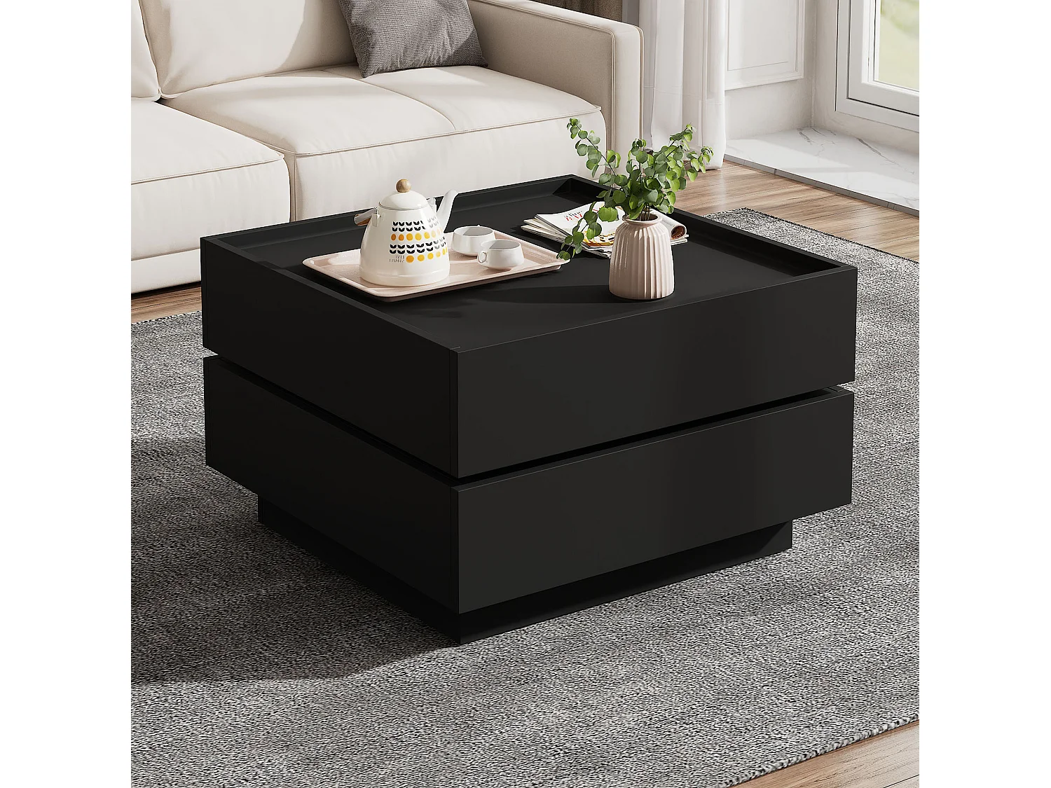 Table basse carré pivotante avec 2 tiroirs, noir