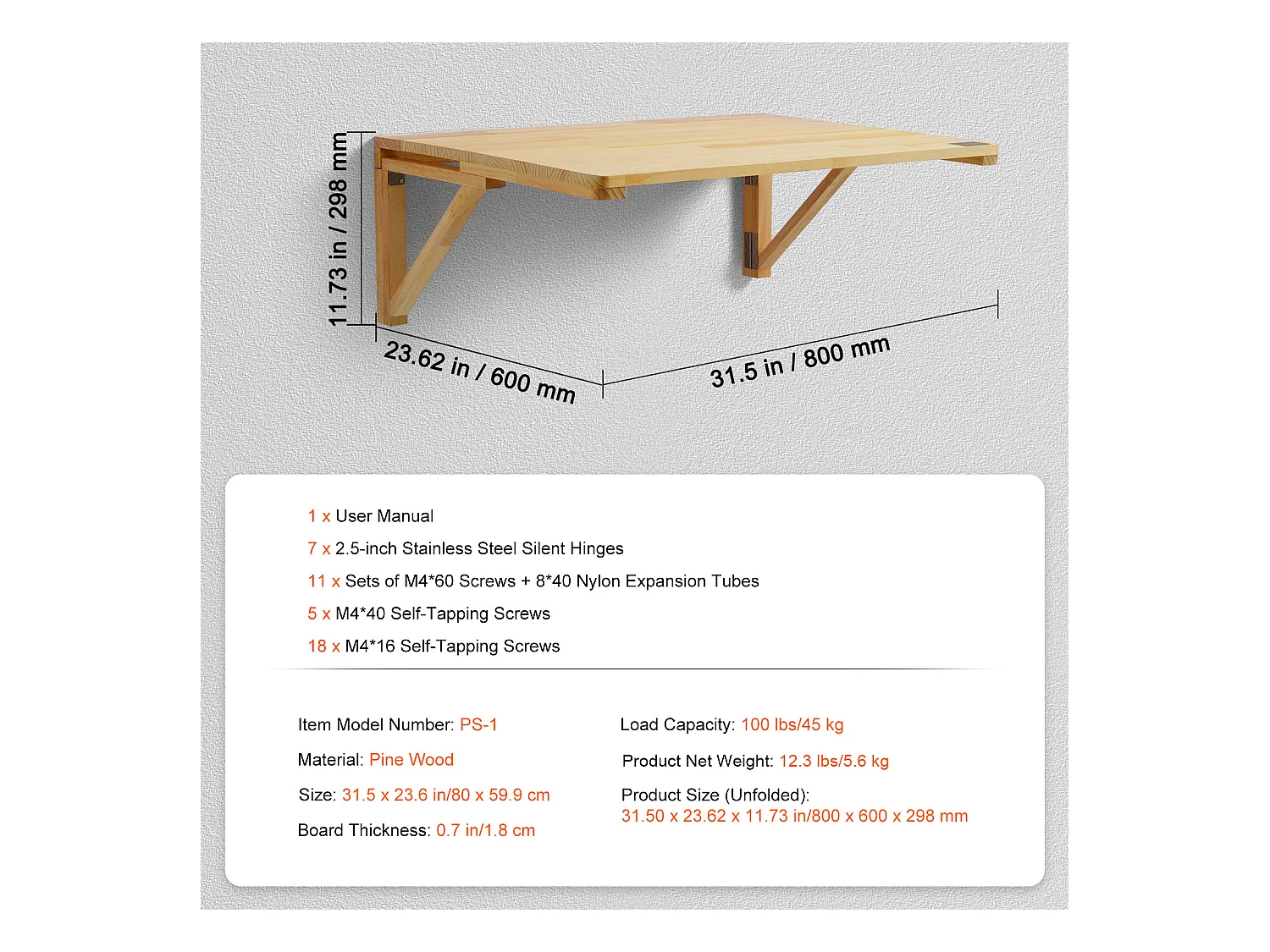 Table Pliante Murale SucceBuy, Bureau Flottant pour Ordinateur Portable, 800 x 600 mm, Bureau à Domicile