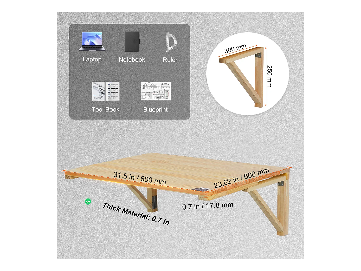 Table Pliante Murale SucceBuy, Bureau Flottant pour Ordinateur Portable, 800 x 600 mm, Bureau à Domicile