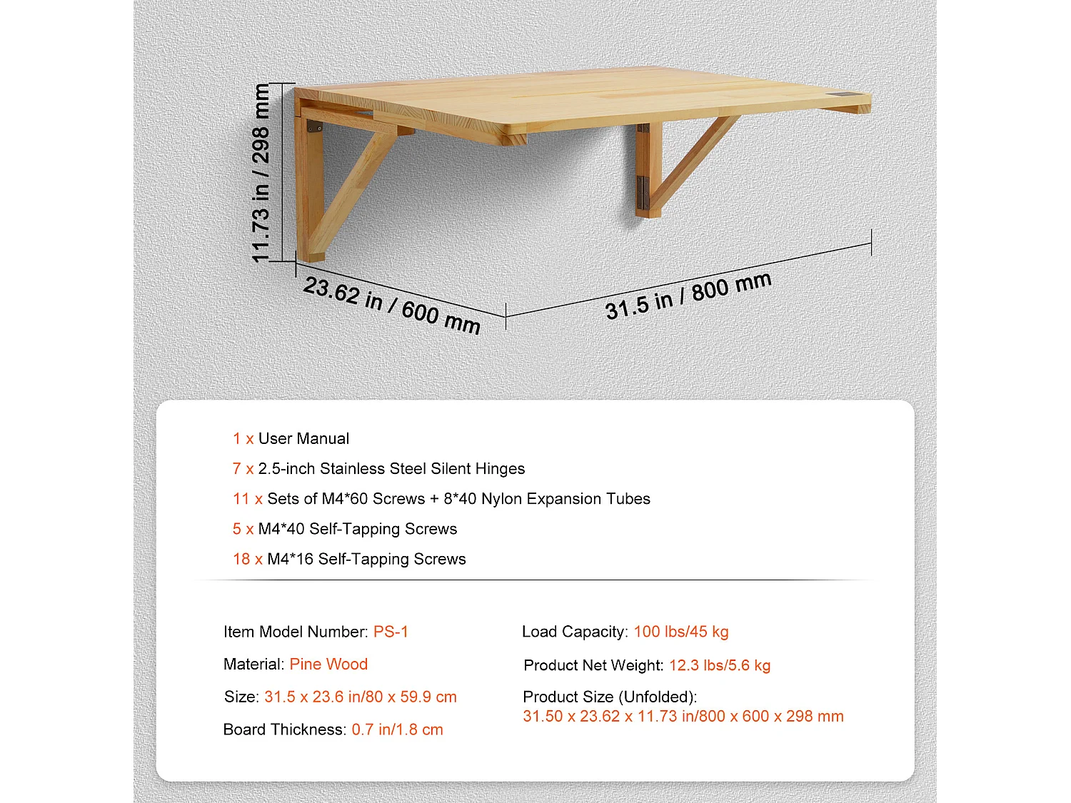 Table Pliante Murale SucceBuy, Bureau Flottant pour Ordinateur Portable, 800 x 600 mm, Bureau à Domicile
