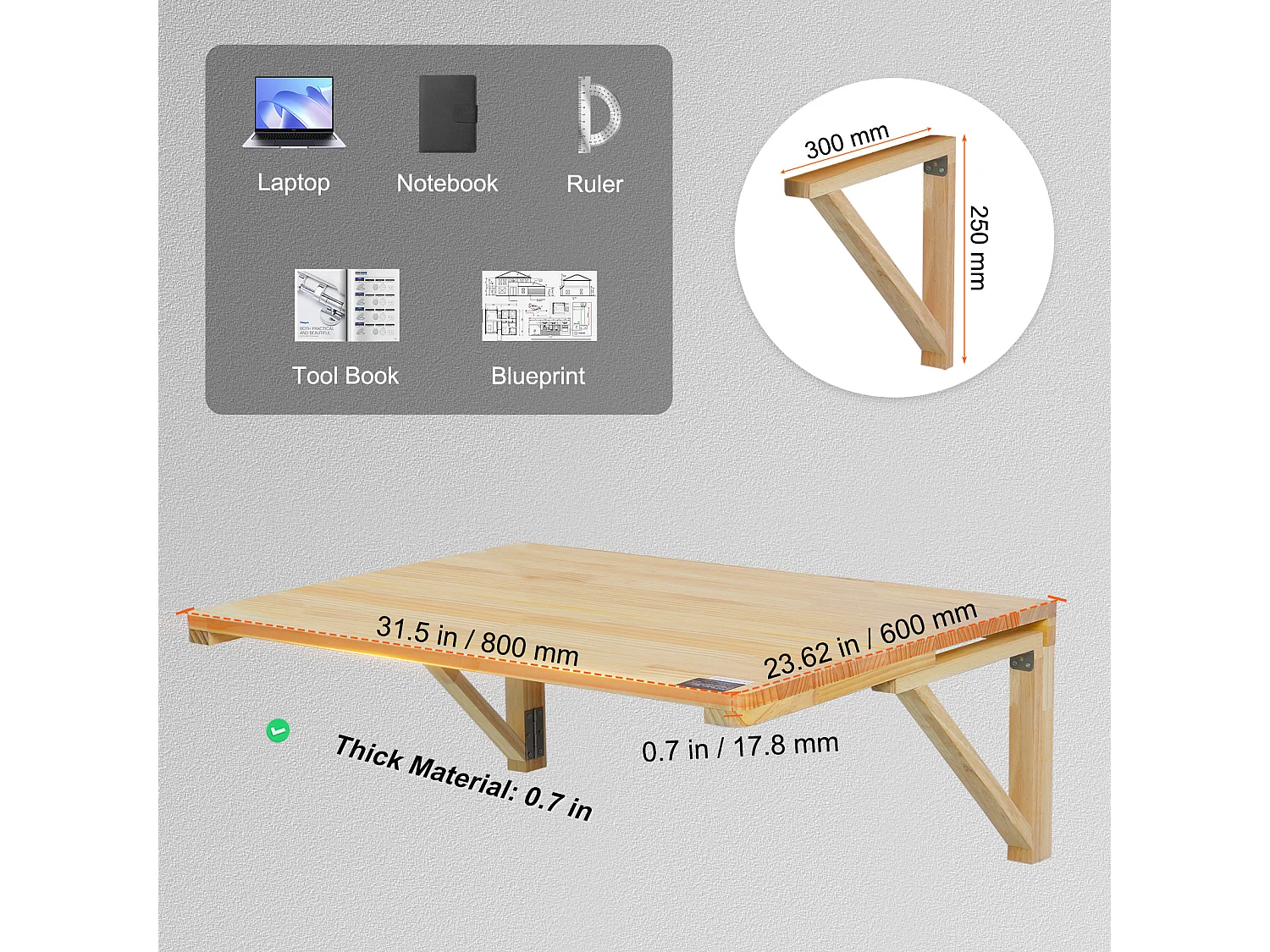 Table Pliante Murale SucceBuy, Bureau Flottant pour Ordinateur Portable, 800 x 600 mm, Bureau à Domicile