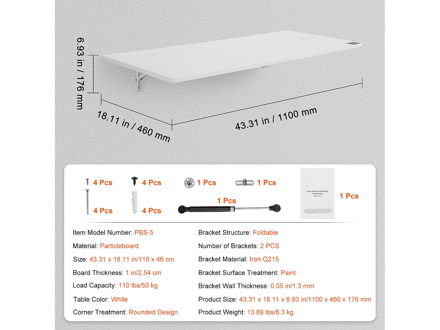 Wandklapptisch SucceBuy, 1100 x 460 mm, schwebender Laptop-Schreibtisch für das Home-Office