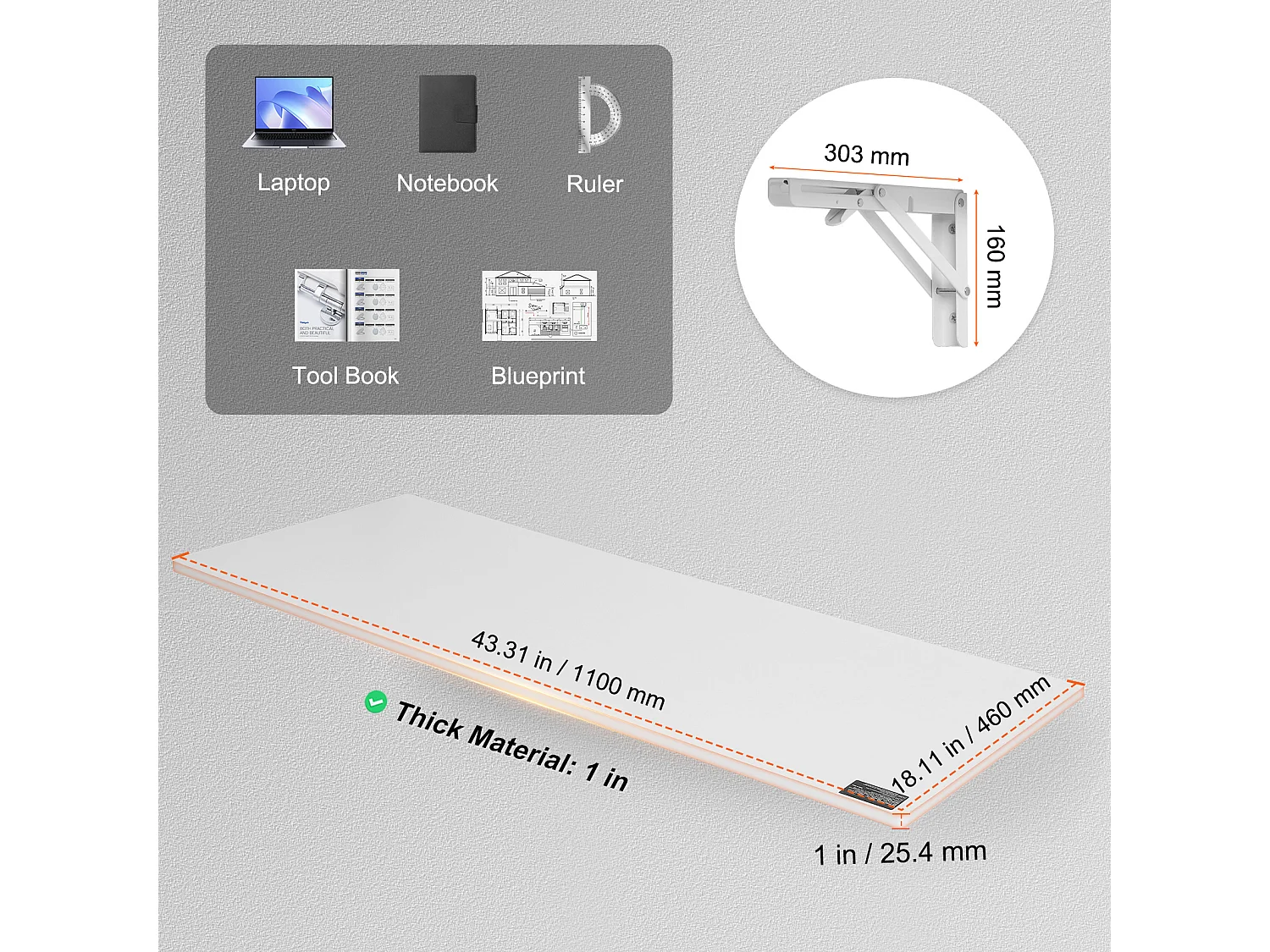 Wandklapptisch SucceBuy, 1100 x 460 mm, schwebender Laptop-Schreibtisch für das Home-Office