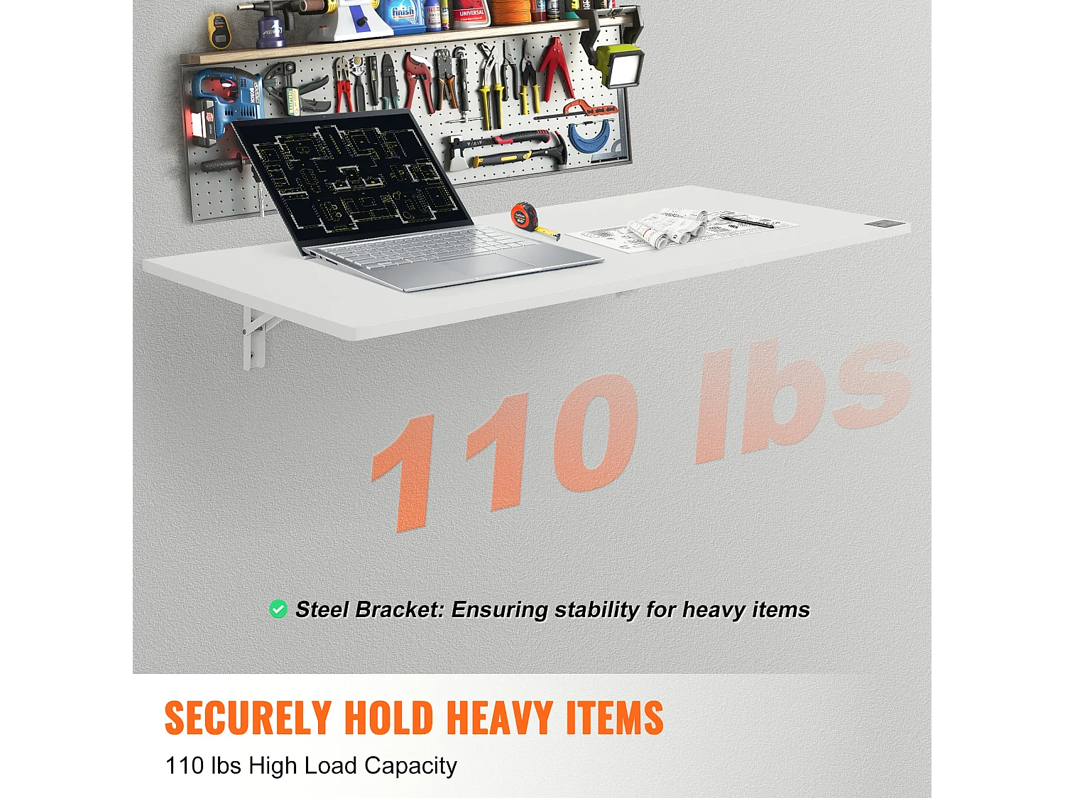 Składany Stolik do Montażu na Ścianie SucceBuy, 1100 x 460 mm, Pływające Biurko na Laptopa do Domowego Biura