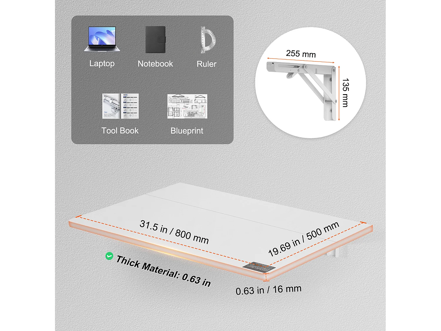 Table Pliante Murale SucceBuy, Bureau pour Ordinateur Portable, 800 x 600 mm, pour Bureau à Domicile, Blanc