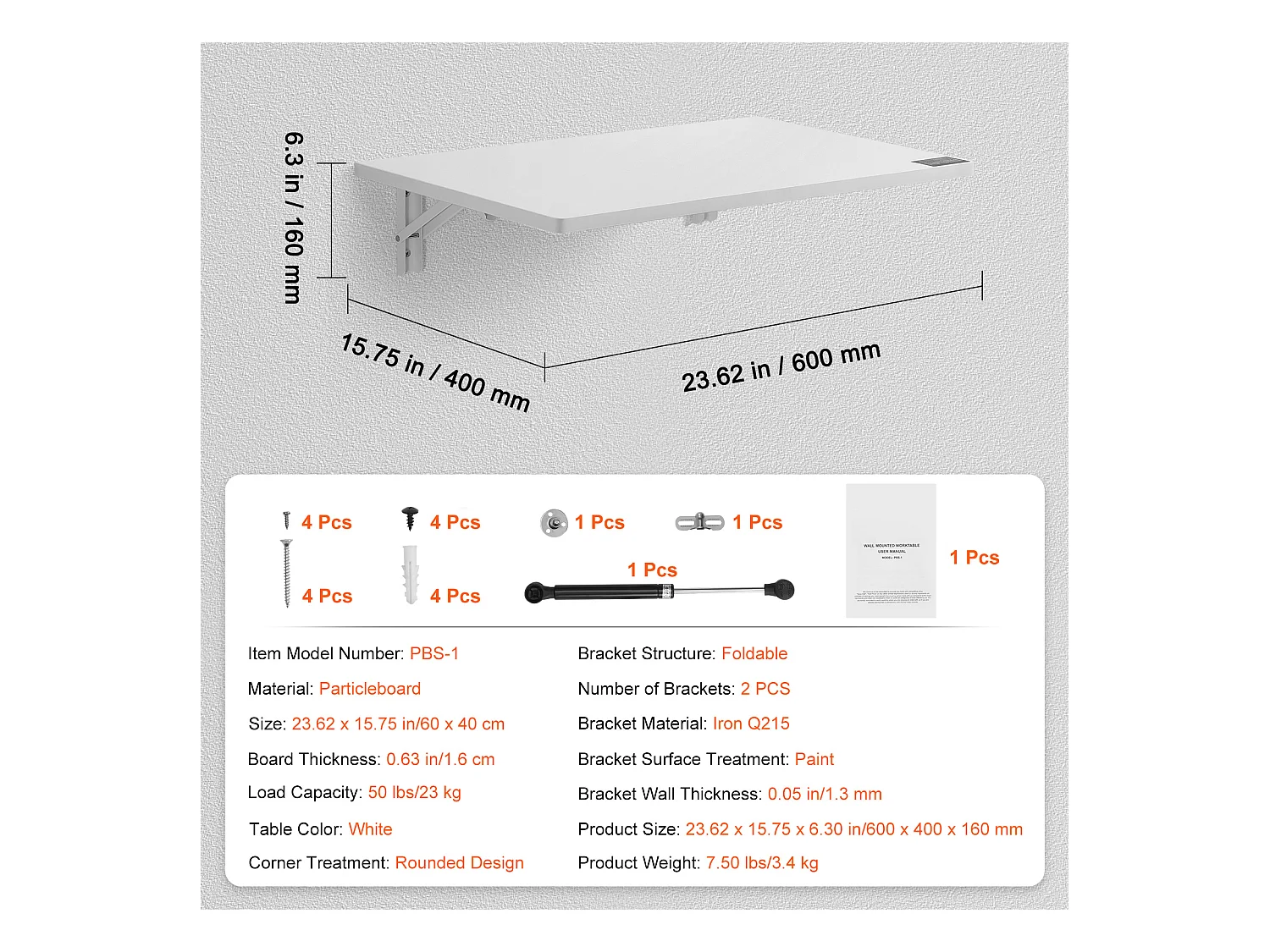 Table Pliante Murale SucceBuy, 600 x 400mm, Bureau Flottant pour Ordinateur Portable pour Bureau à Domicile, Blanc