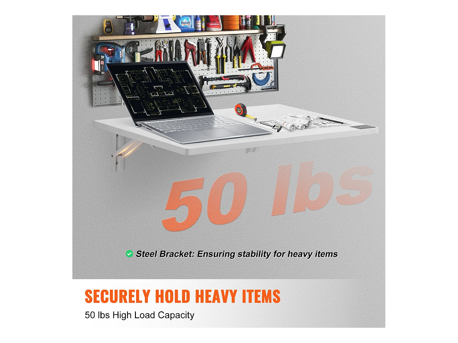 Table Pliante Murale SucceBuy, 600 x 400mm, Bureau Flottant pour Ordinateur Portable pour Bureau à Domicile, Blanc