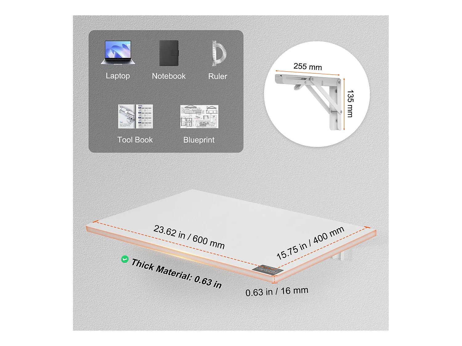 Table Pliante Murale SucceBuy, 600 x 400mm, Bureau Flottant pour Ordinateur Portable pour Bureau à Domicile, Blanc