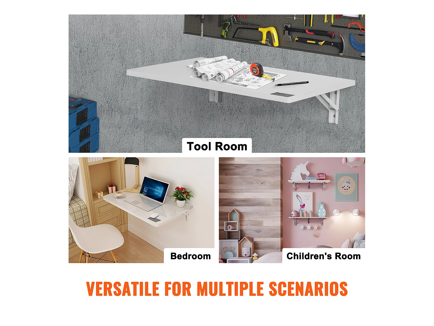 Table Pliante Murale SucceBuy, 600 x 400mm, Bureau Flottant pour Ordinateur Portable pour Bureau à Domicile, Blanc