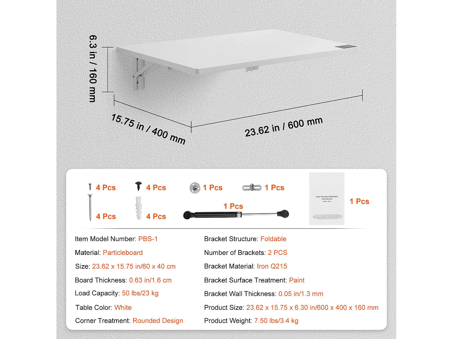 Wandgemonteerde Klaptafel SucceBuy, 600 x 400mm, Zwevend Laptop Bureau voor Thuiskantoor,Wit