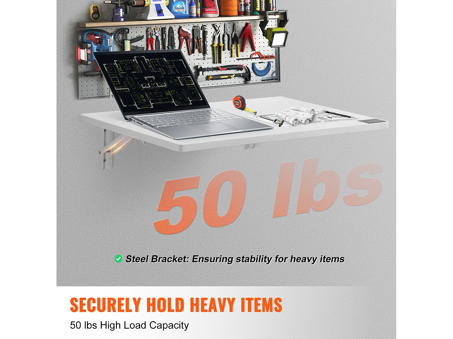 Wandgemonteerde Klaptafel SucceBuy, 600 x 400mm, Zwevend Laptop Bureau voor Thuiskantoor,Wit