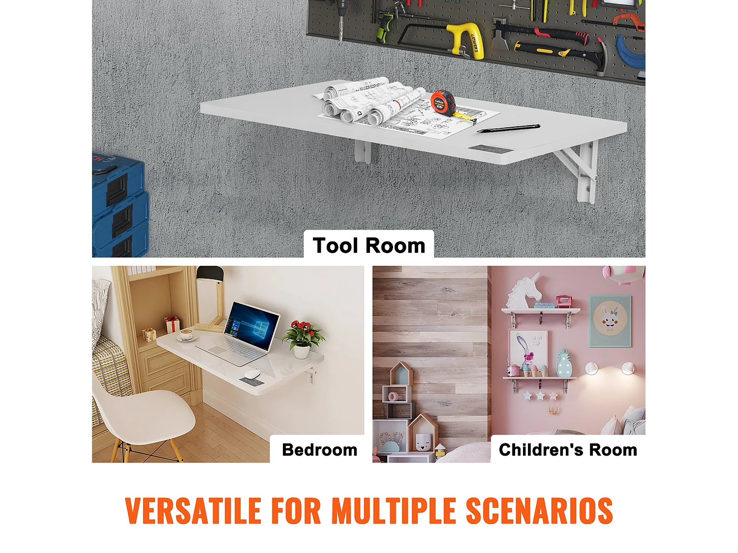 Wandgemonteerde Klaptafel SucceBuy, 600 x 400mm, Zwevend Laptop Bureau voor Thuiskantoor,Wit