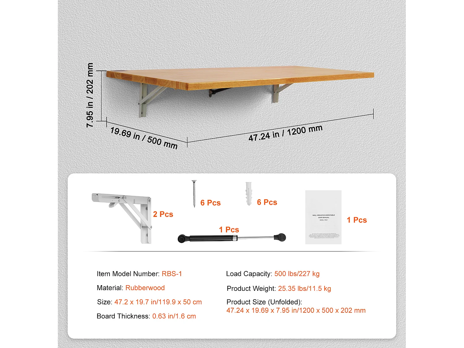 Tavolo Pieghevole da Parete SucceBuy, Scrivania per Laptop, 1200 x 500 mm, per Ufficio, Bianco