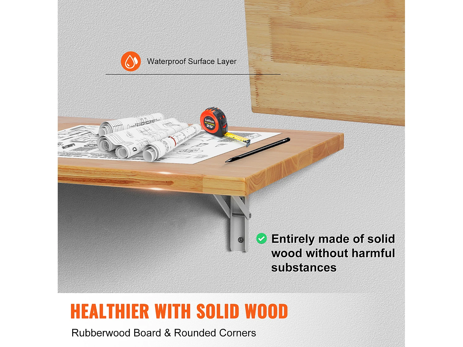 Tavolo Pieghevole da Parete SucceBuy, Scrivania per Laptop, 1200 x 500 mm, per Ufficio, Bianco