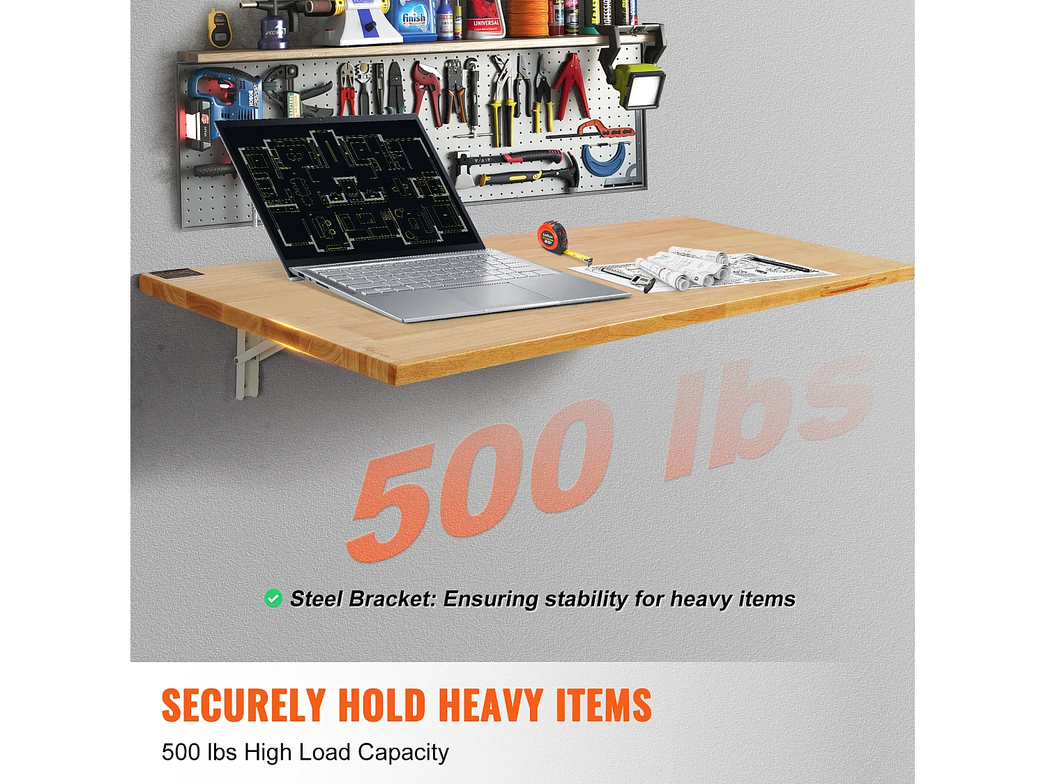 Tavolo Pieghevole da Parete SucceBuy, Scrivania per Laptop, 1200 x 500 mm, per Ufficio, Bianco