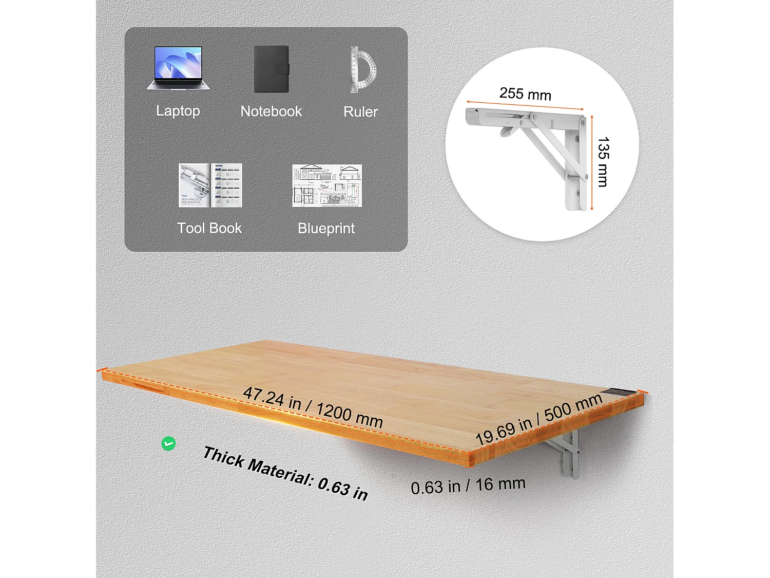 Tavolo Pieghevole da Parete SucceBuy, Scrivania per Laptop, 1200 x 500 mm, per Ufficio, Bianco