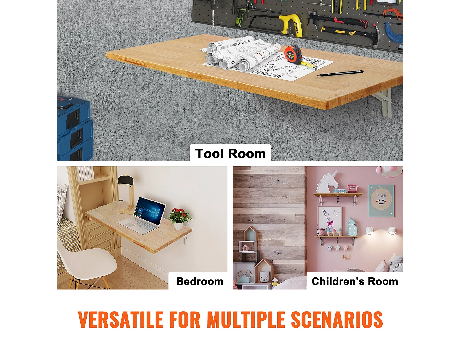 Tavolo Pieghevole da Parete SucceBuy, Scrivania per Laptop, 1200 x 500 mm, per Ufficio, Bianco