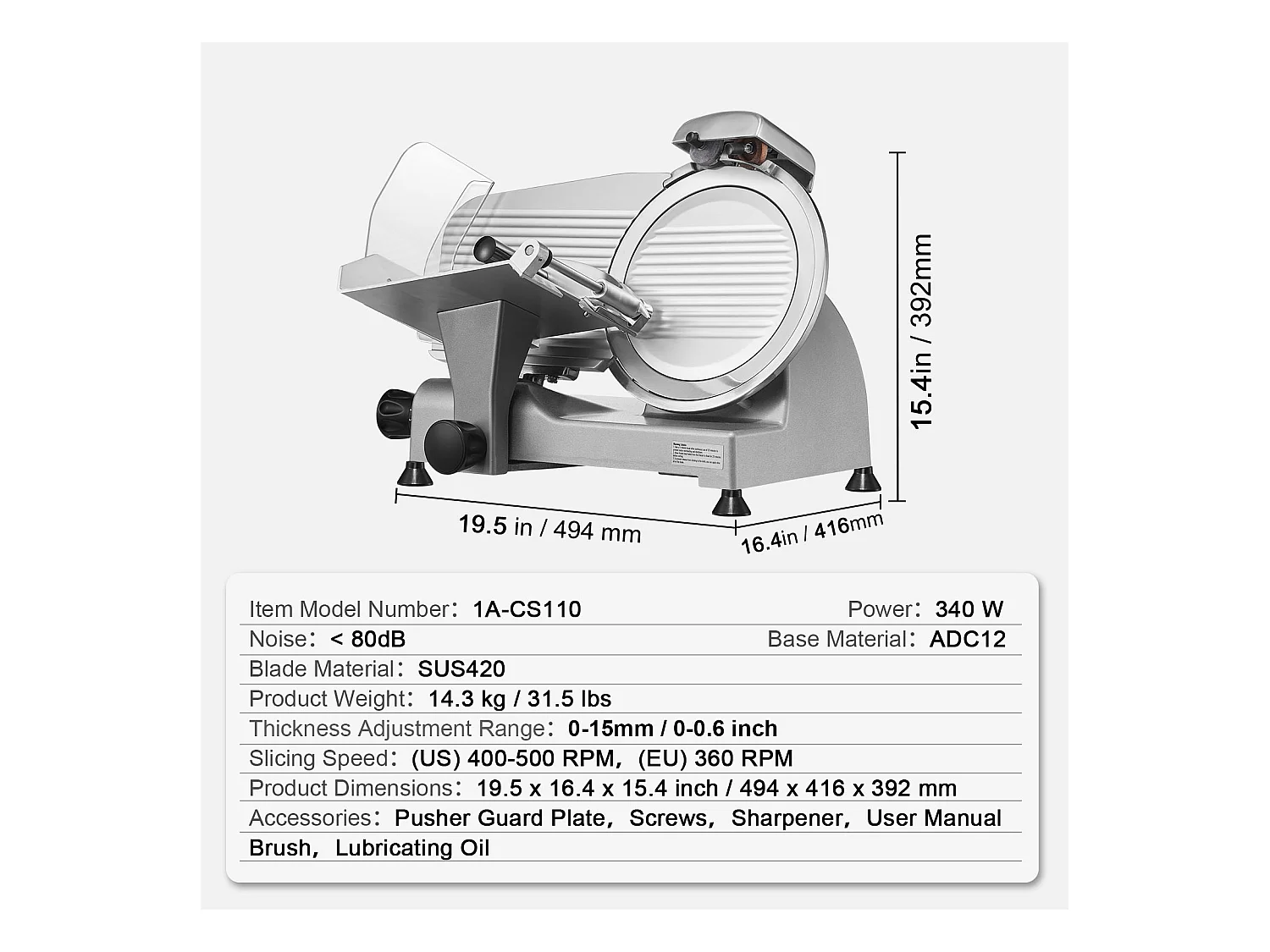 Trancheuse à Viande Électrique SucceBuy 340 W avec Lame SUS420 de 25.4 CM