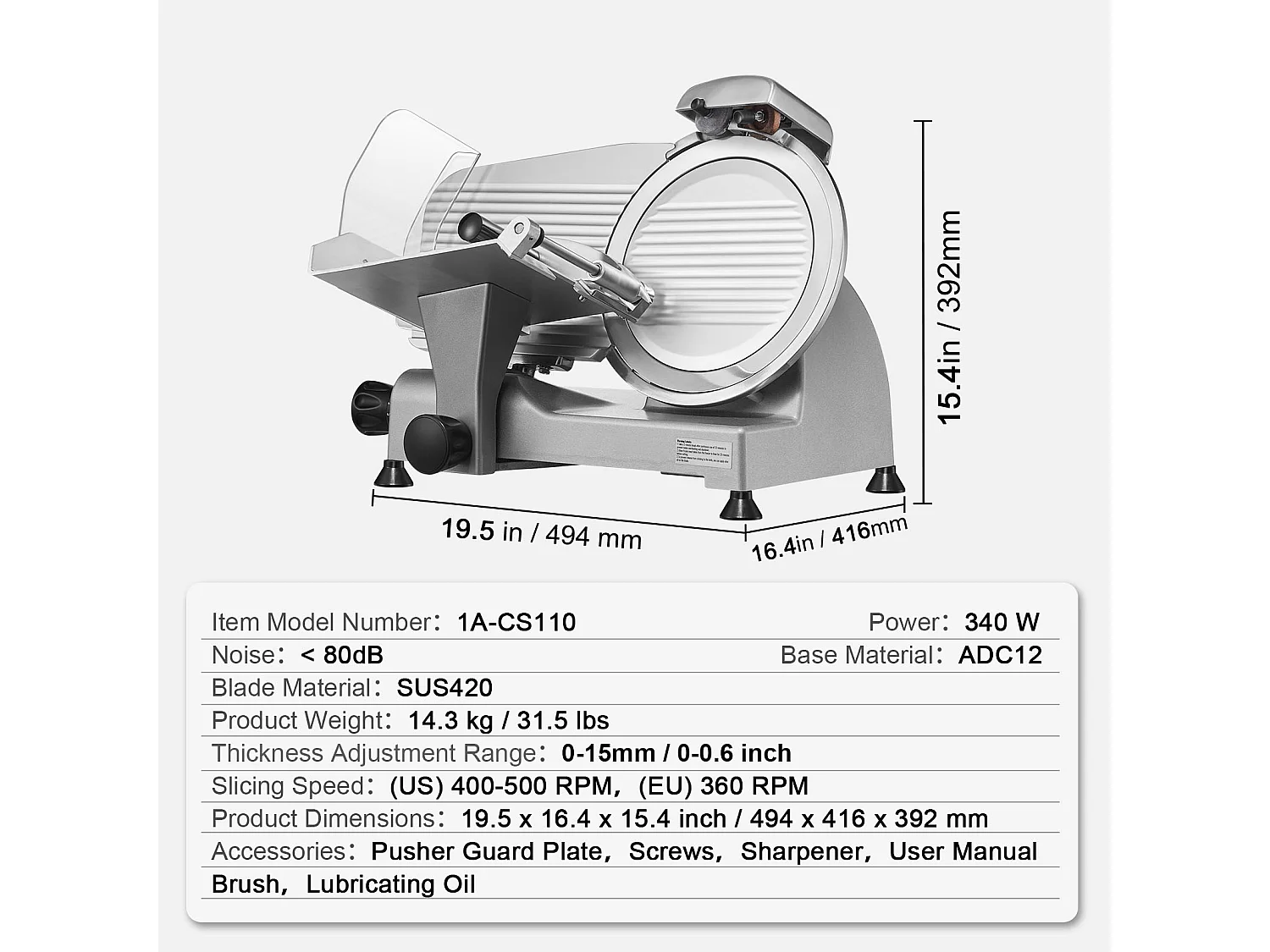 Trancheuse à Viande Électrique SucceBuy 340 W avec Lame SUS420 de 25.4 CM