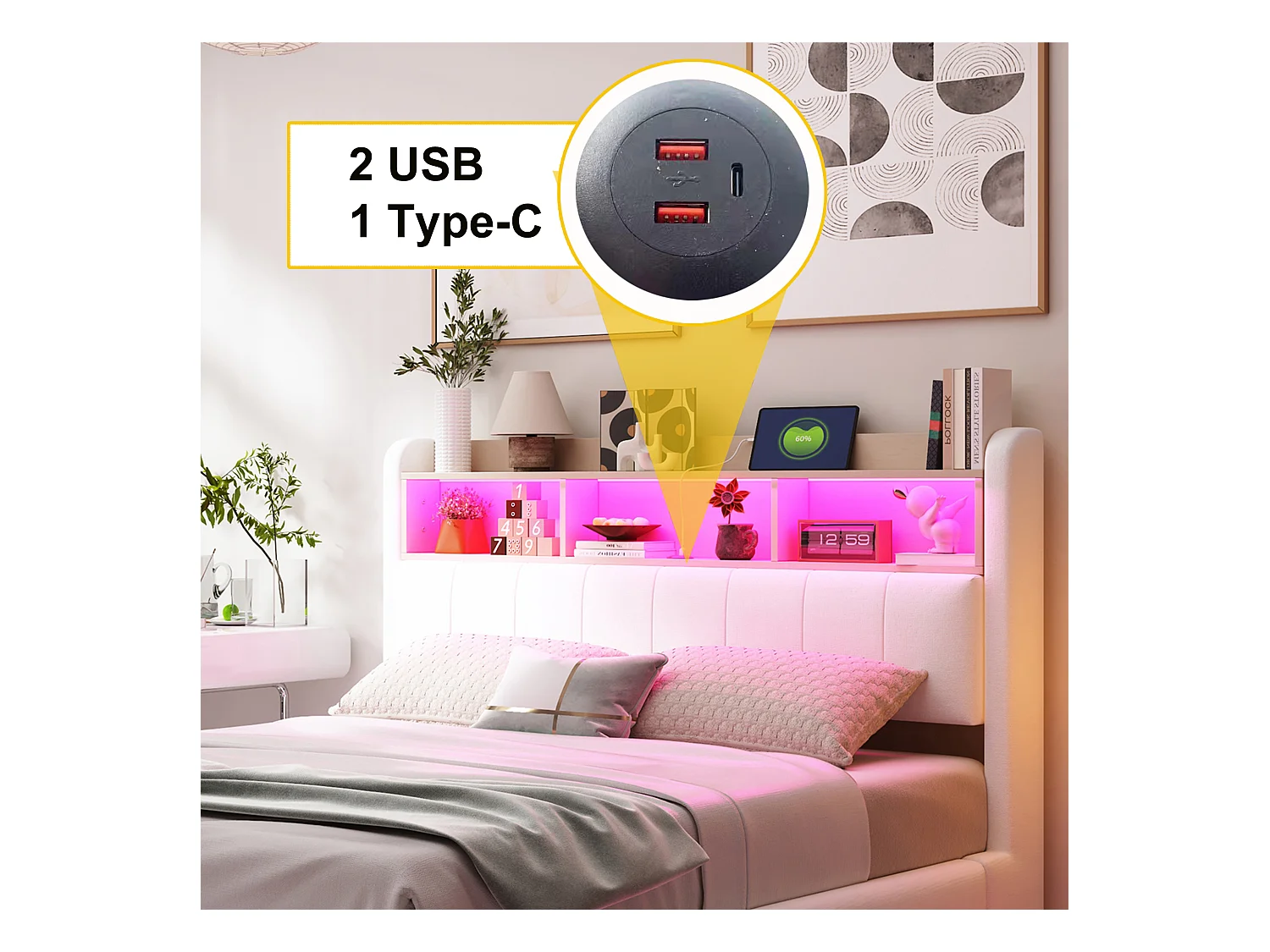 Lit adulte 140x200cm beige en lin avec LED et USB, designe flottant, sommier à lattes, sans matelas