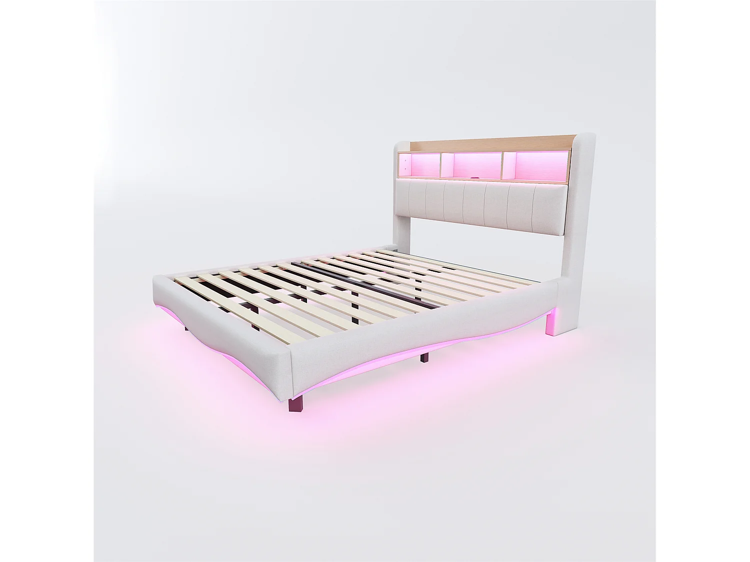 Lit adulte 140x200cm beige en lin avec LED et USB, designe flottant, sommier à lattes, sans matelas