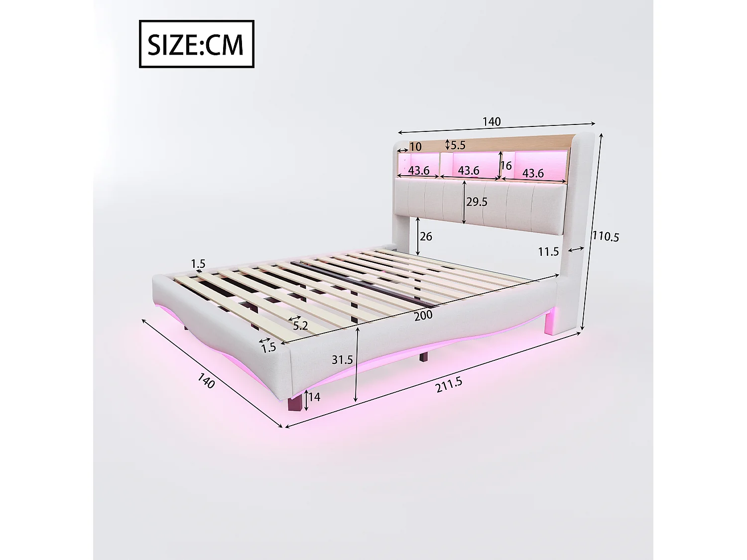 Lit adulte 140x200cm beige en lin avec LED et USB, designe flottant, sommier à lattes, sans matelas