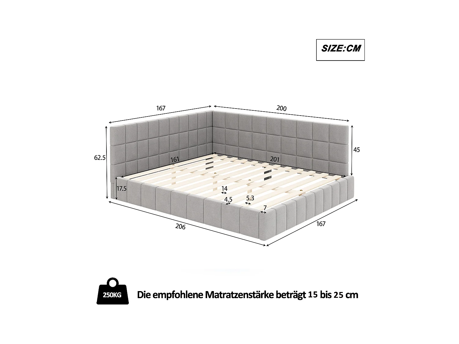 Lit adulte 160x200cm gris en velours, Sommier à lattes, 2 dossiers sans matelas