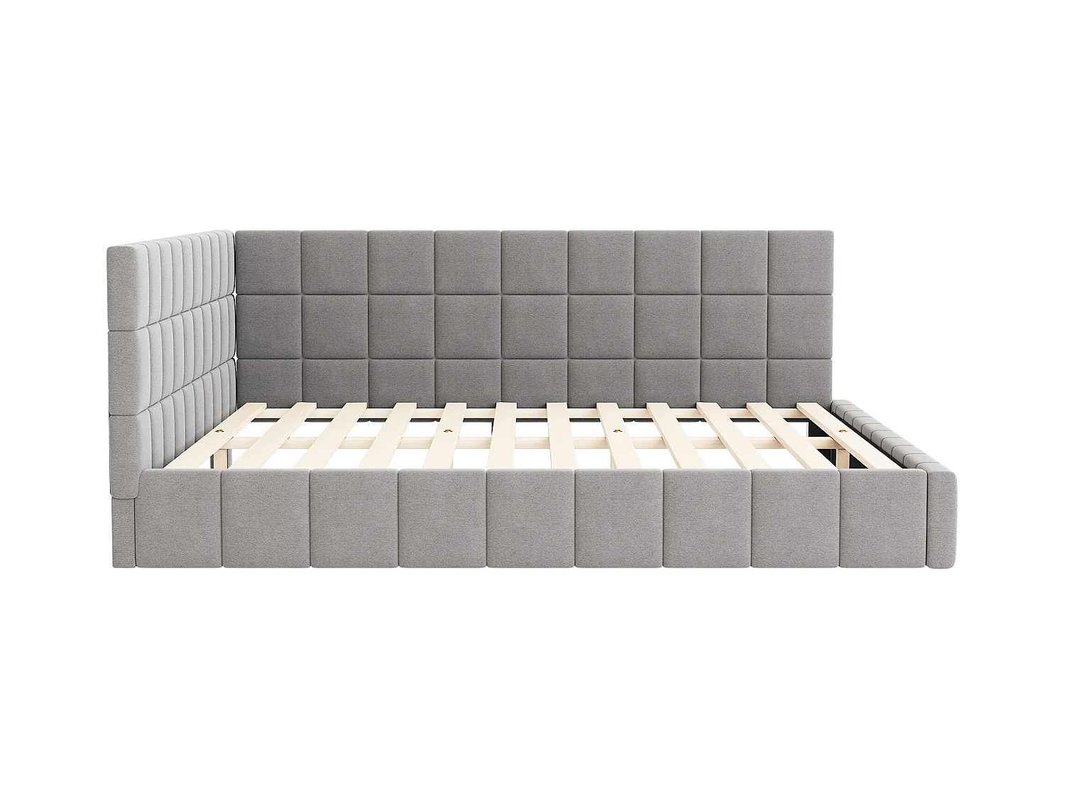 Lit adulte 160x200cm gris en velours, Sommier à lattes, 2 dossiers sans matelas