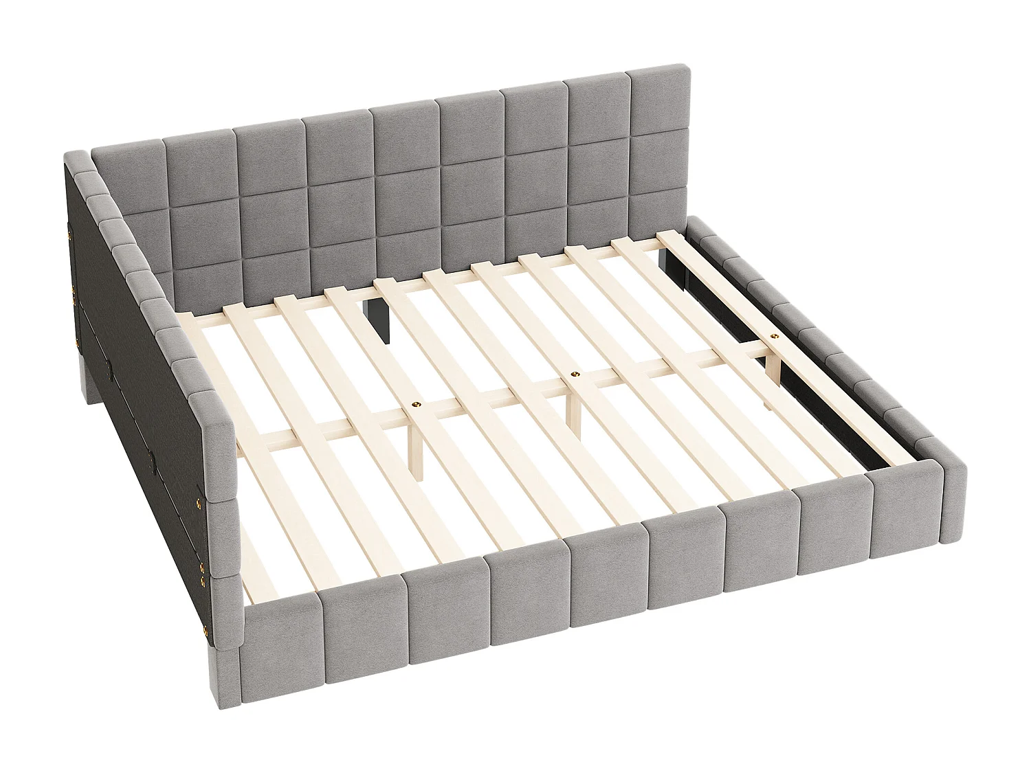 Lit adulte 160x200cm gris en velours, Sommier à lattes, 2 dossiers sans matelas