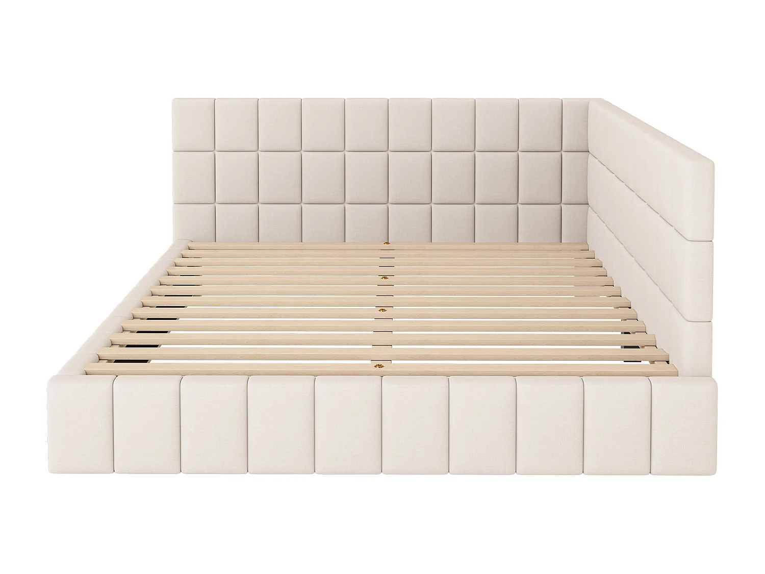 Lit adulte 160x200cm beige en velours, Sommier à lattes, 2 dossiers sans matelas