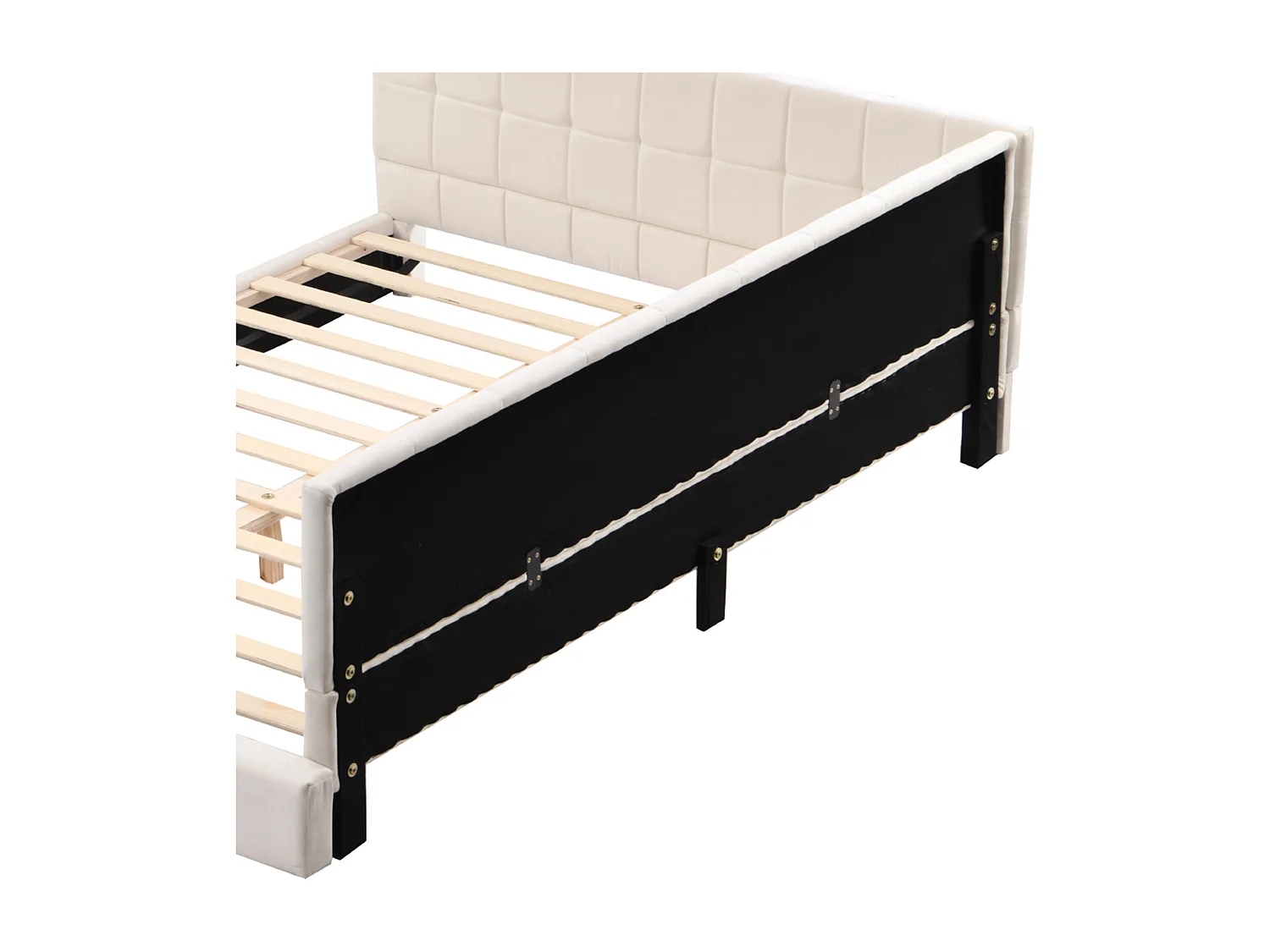 Lit adulte 160x200cm beige en velours, Sommier à lattes, 2 dossiers sans matelas