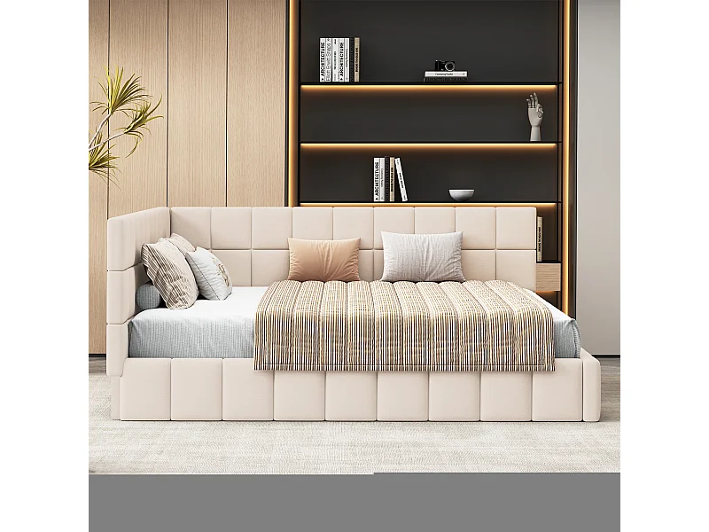Lit adulte 160x200cm beige en velours, Sommier à lattes, 2 dossiers sans matelas
