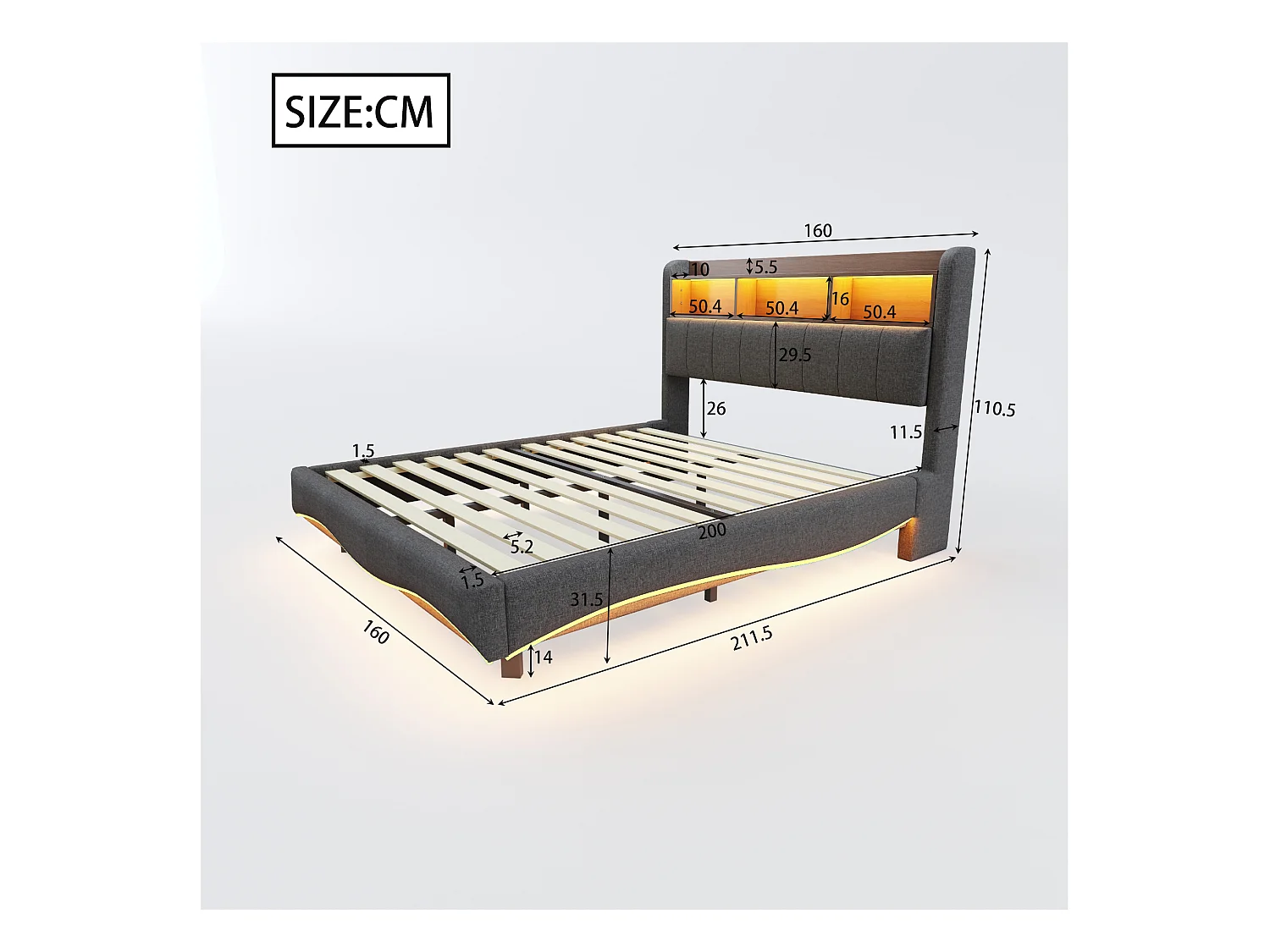 Lit adulte 160x200cm gris en lin avec LED et USB, designe flottant, sommier à lattes, sans matelas