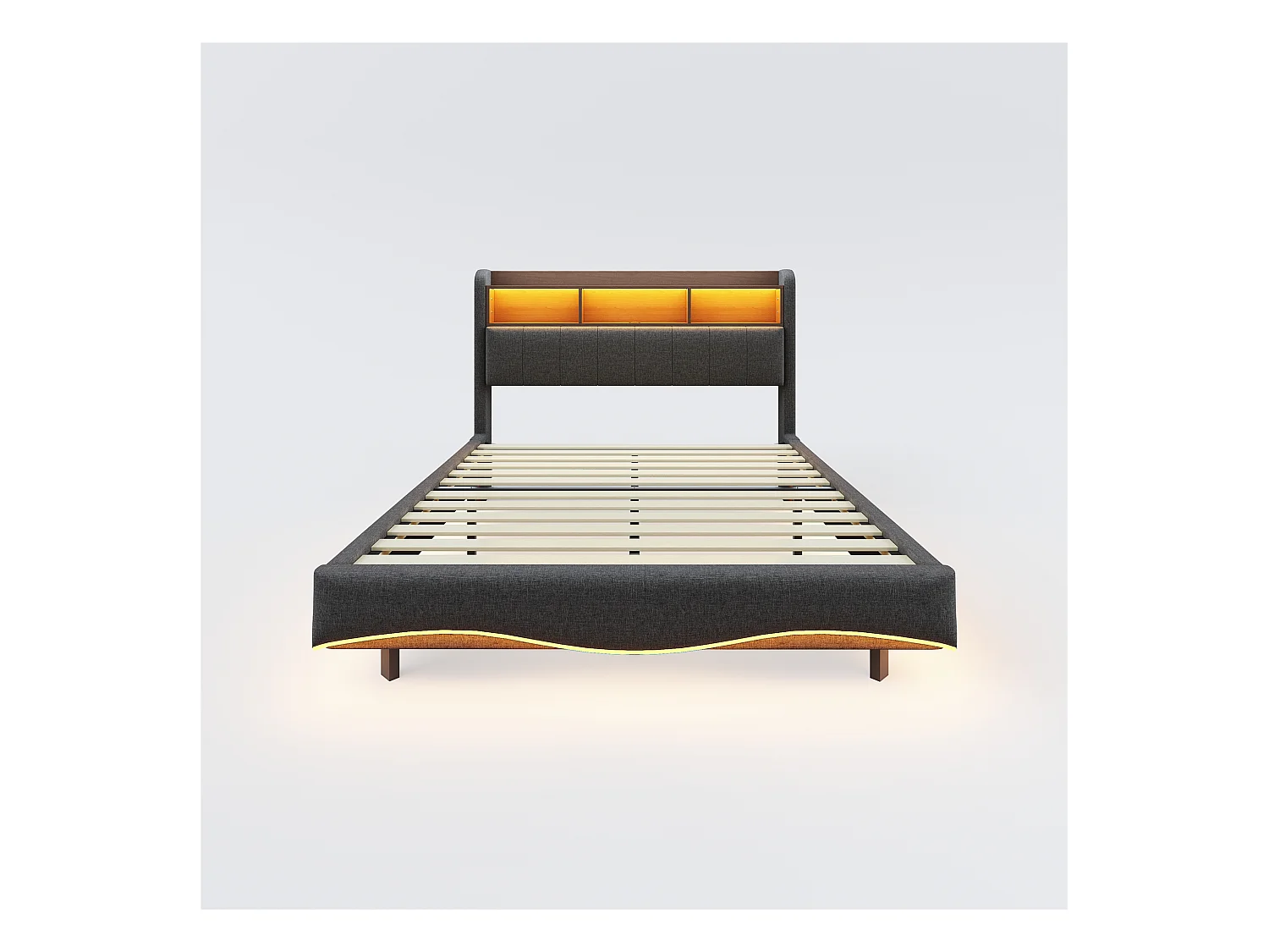 Lit adulte 160x200cm gris en lin avec LED et USB, designe flottant, sommier à lattes, sans matelas