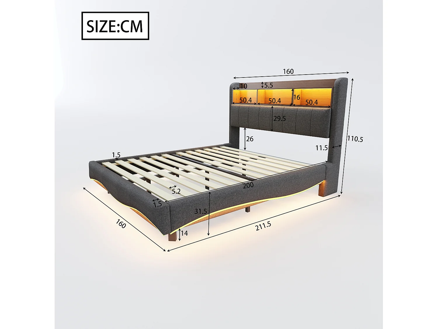 Lit adulte 160x200cm gris en lin avec LED et USB, designe flottant, sommier à lattes, sans matelas