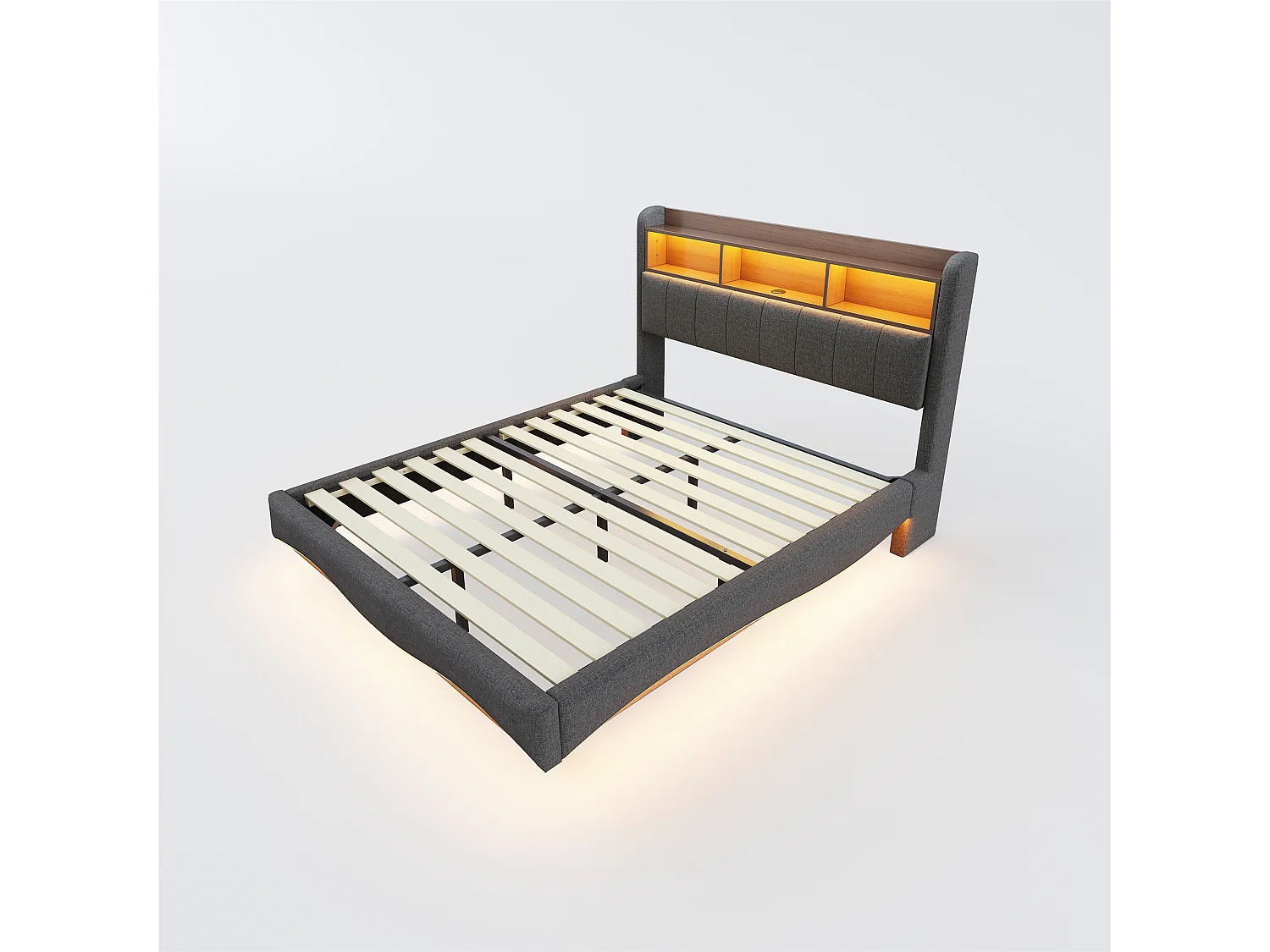 Lit adulte 160x200cm gris en lin avec LED et USB, designe flottant, sommier à lattes, sans matelas