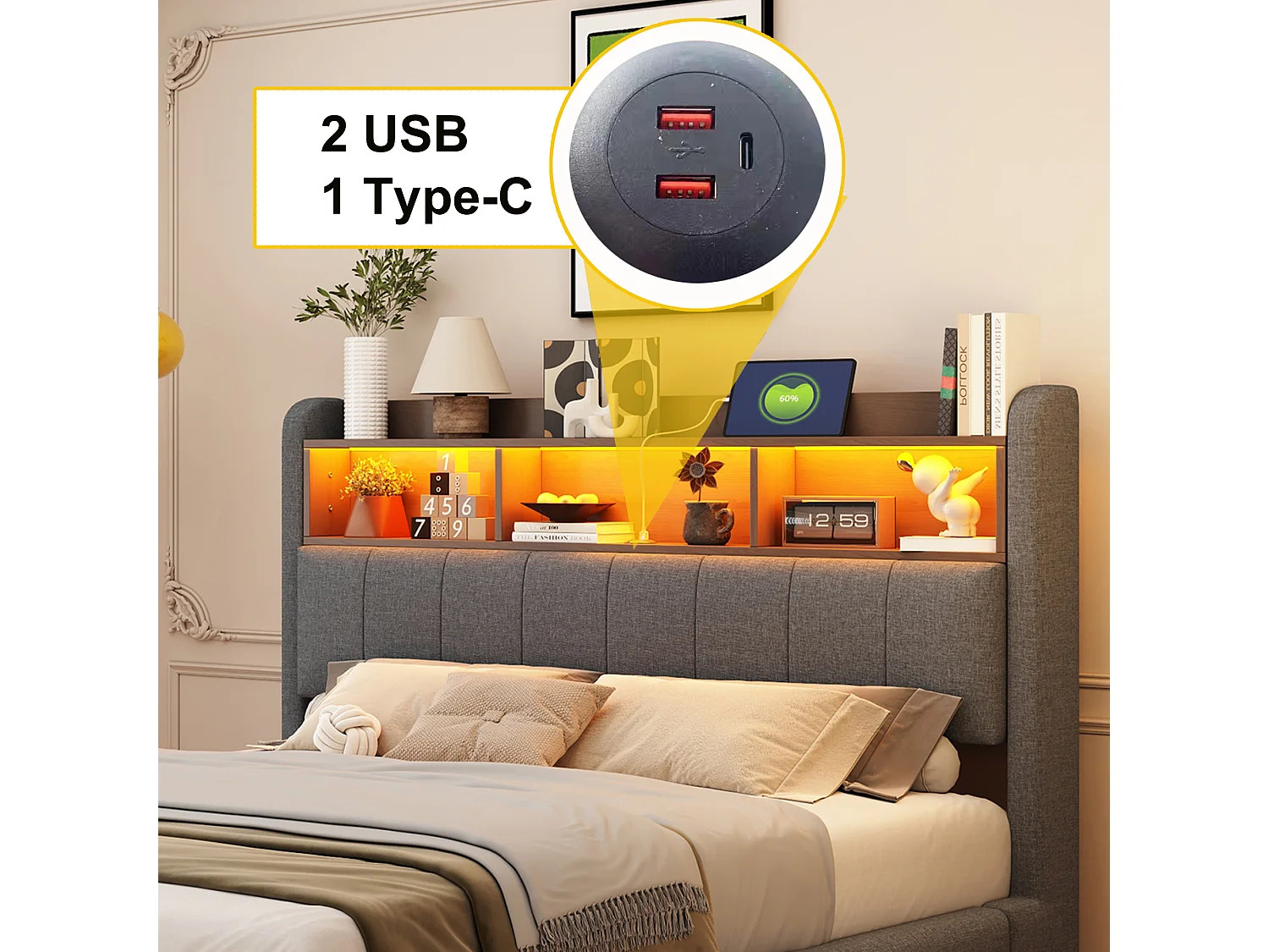 Lit adulte 160x200cm gris en lin avec LED et USB, designe flottant, sommier à lattes, sans matelas