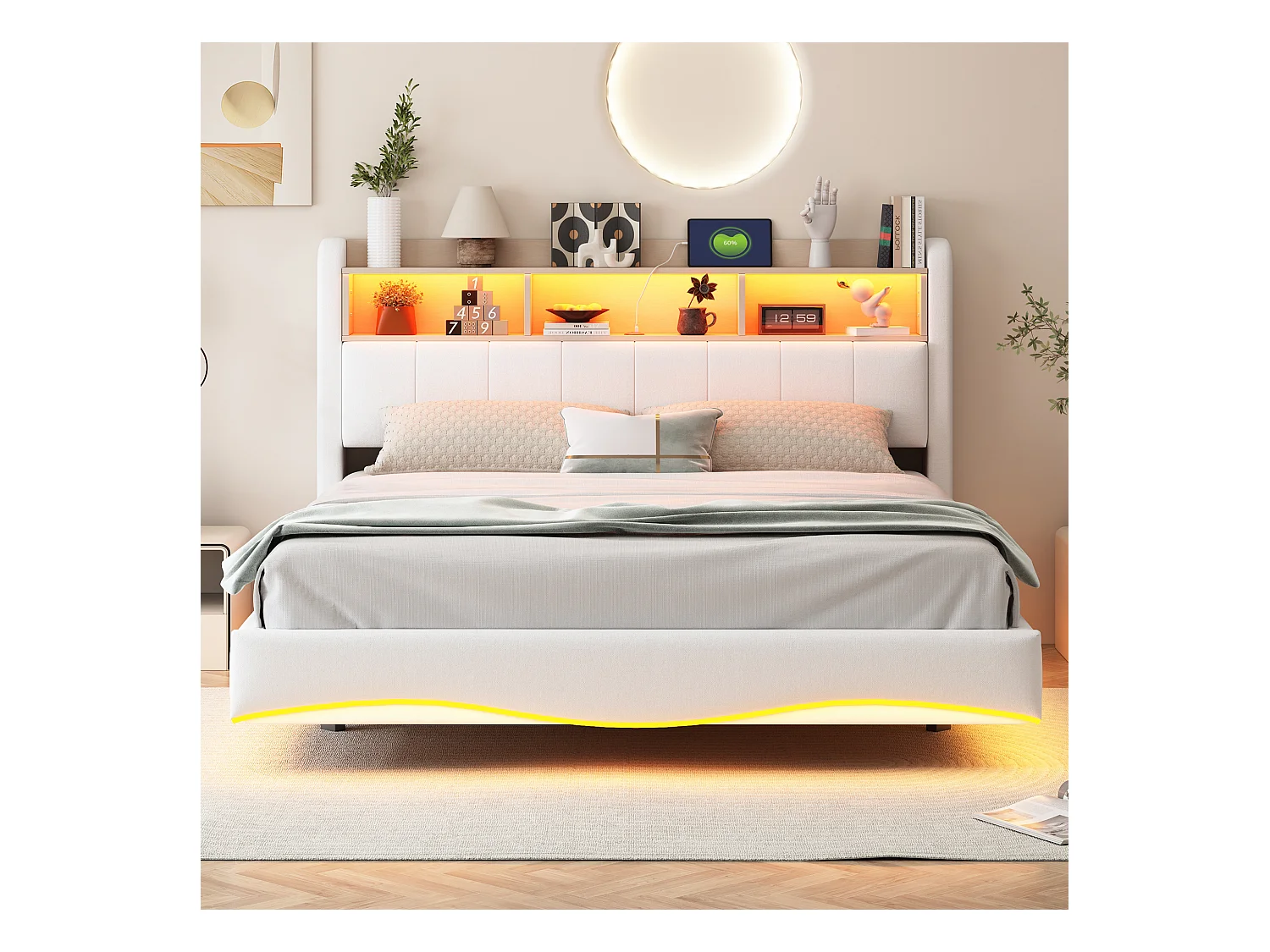 Lit adulte 160x200cm beige en lin avec LED et USB, designe flottant, sommier à lattes, sans matelas