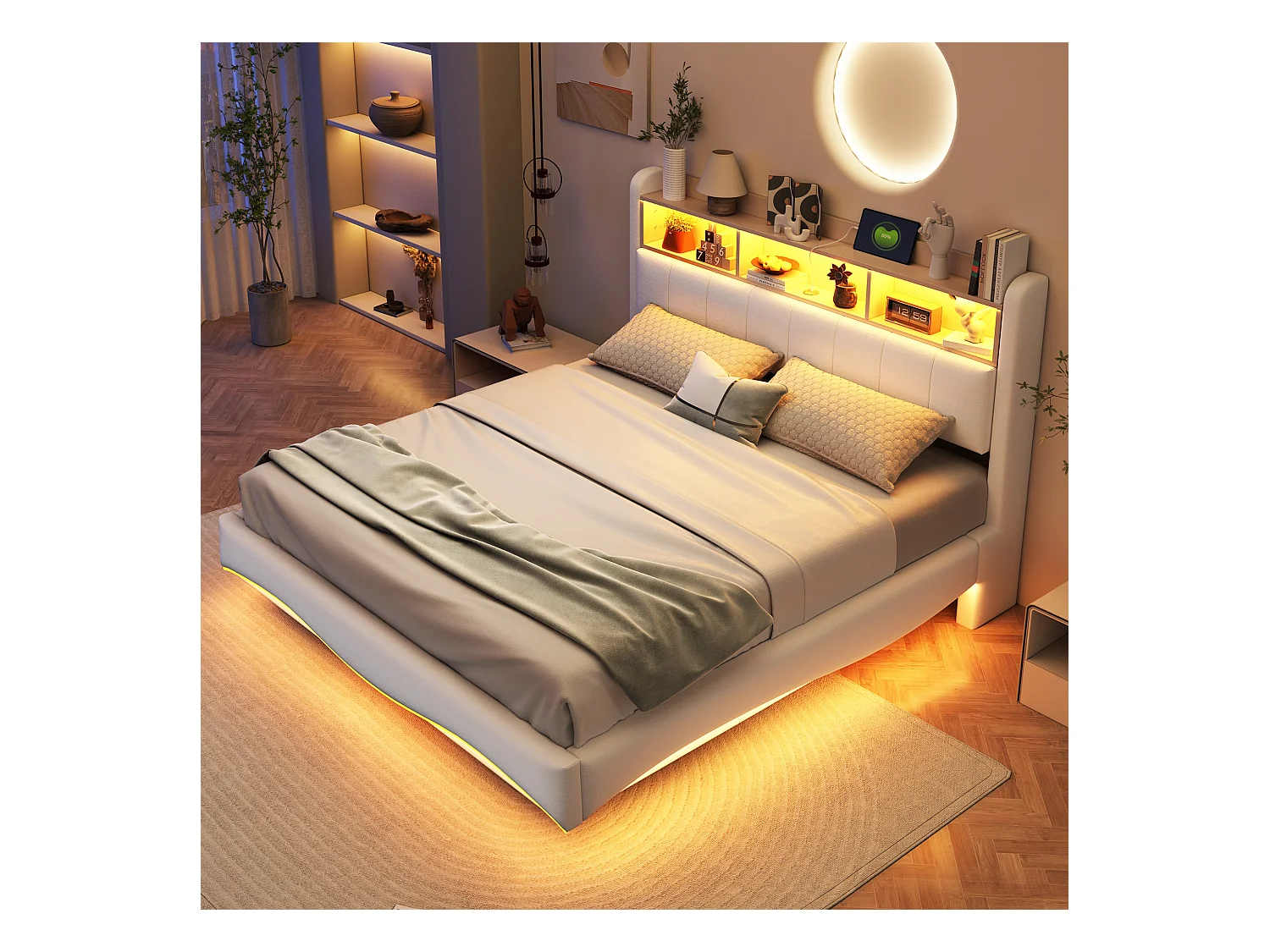 Lit adulte 160x200cm beige en lin avec LED et USB, designe flottant, sommier à lattes, sans matelas