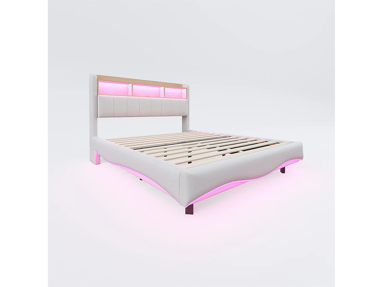 Lit adulte 160x200cm beige en lin avec LED et USB, designe flottant, sommier à lattes, sans matelas