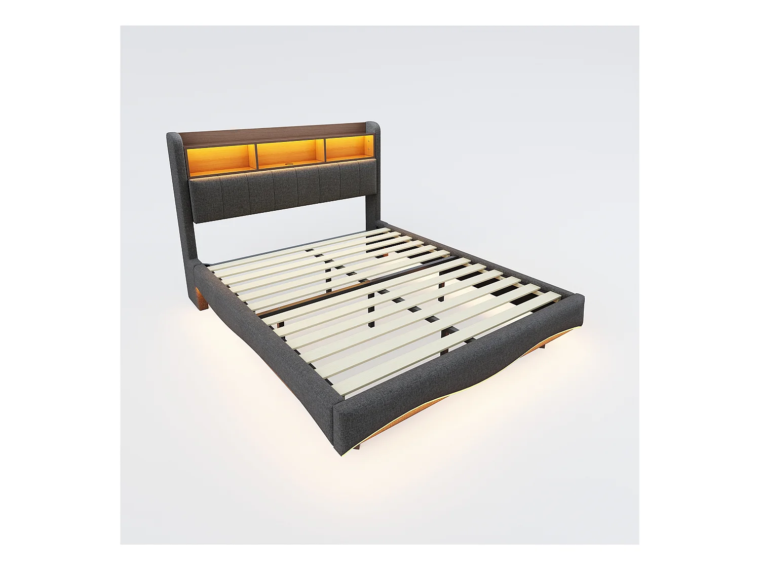 Lit adulte 140x200cm gris en lin avec LED et USB, designe flottant, sommier à lattes, sans matelas