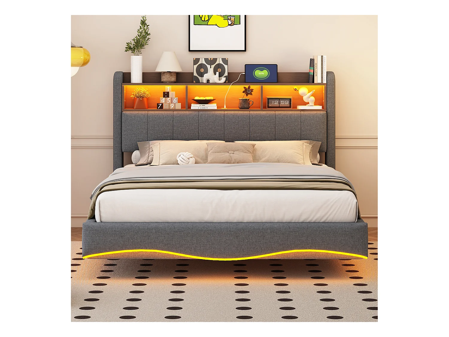 Lit adulte 140x200cm gris en lin avec LED et USB, designe flottant, sommier à lattes, sans matelas
