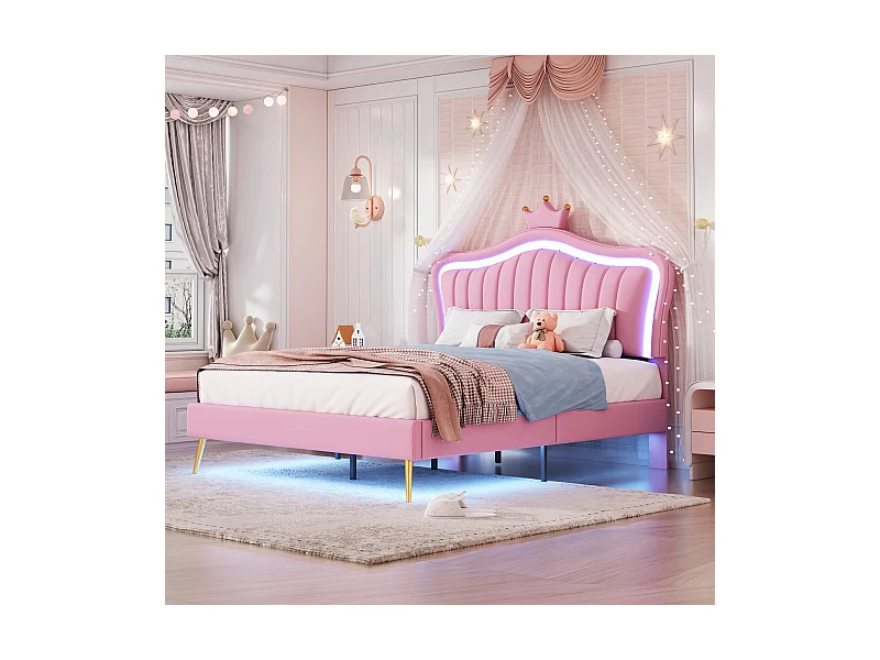 Lit enfant 140x200cm rose en PU, tête de lit en forme de couronne réglable en hauteur avec LED, sans matelas