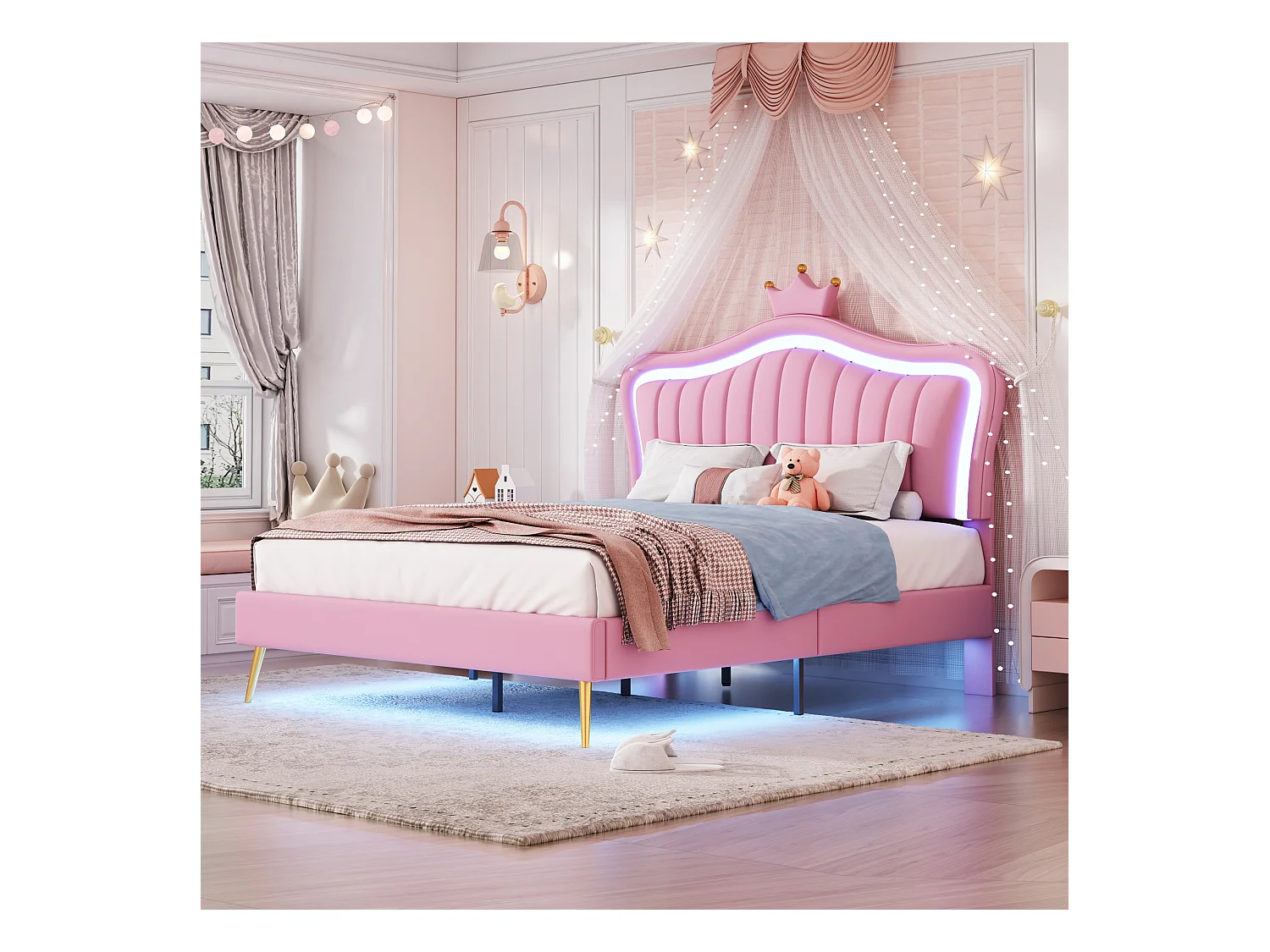 Lit enfant 140x200cm rose en PU, tête de lit en forme de couronne réglable en hauteur avec LED, sans matelas