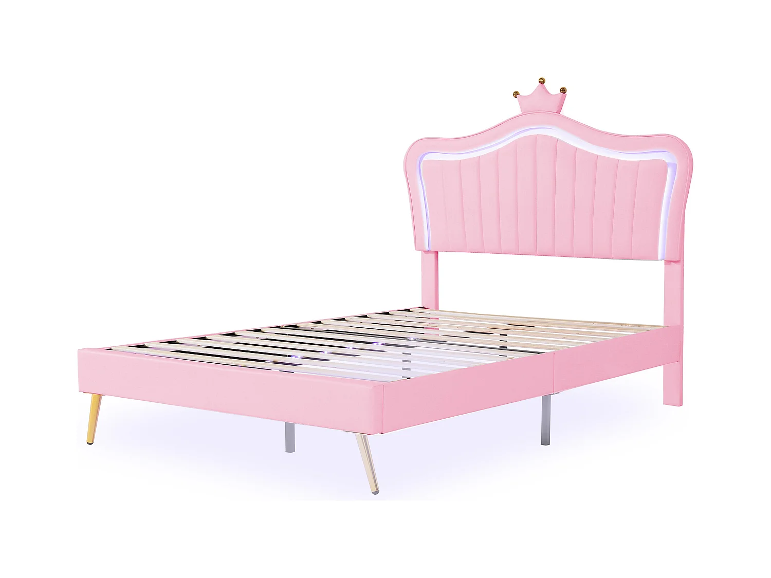 Lit enfant 140x200cm rose en PU, tête de lit en forme de couronne réglable en hauteur avec LED, sans matelas