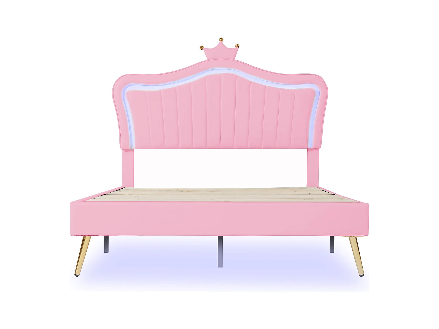 Lit enfant 140x200cm rose en PU, tête de lit en forme de couronne réglable en hauteur avec LED, sans matelas