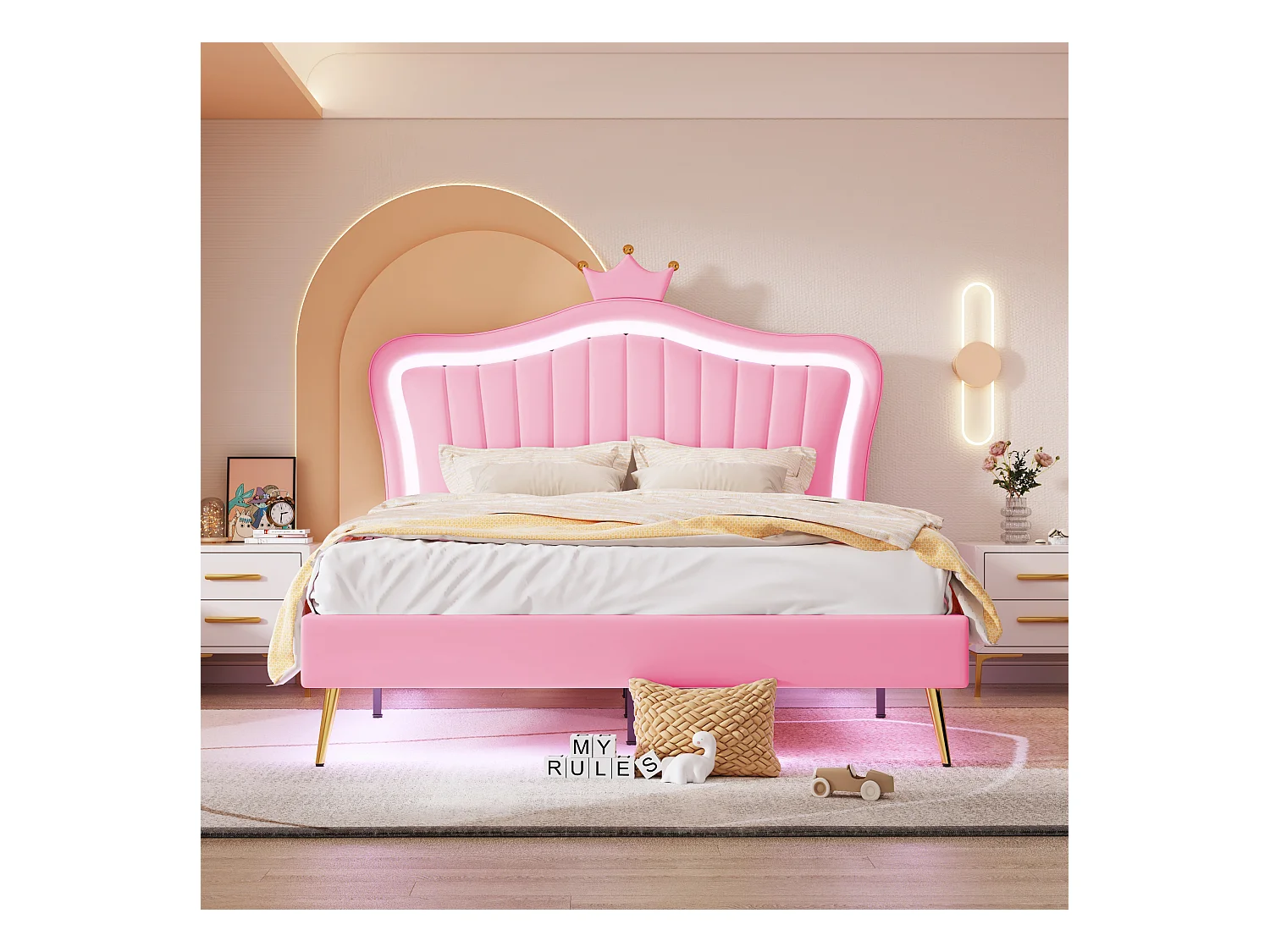 Lit enfant 140x200cm rose en PU, tête de lit en forme de couronne réglable en hauteur avec LED, sans matelas