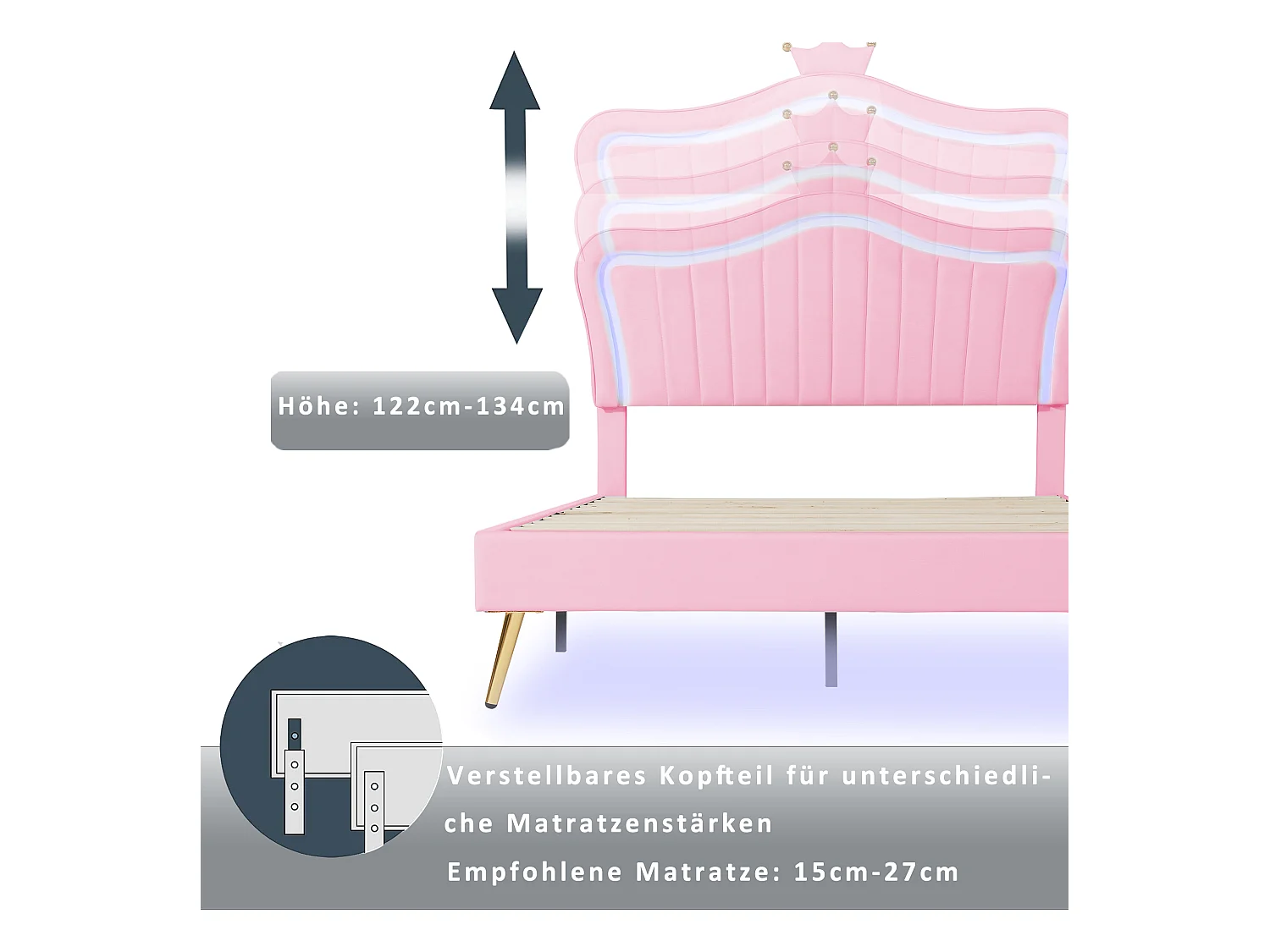 Lit enfant 140x200cm rose en PU, tête de lit en forme de couronne réglable en hauteur avec LED, sans matelas