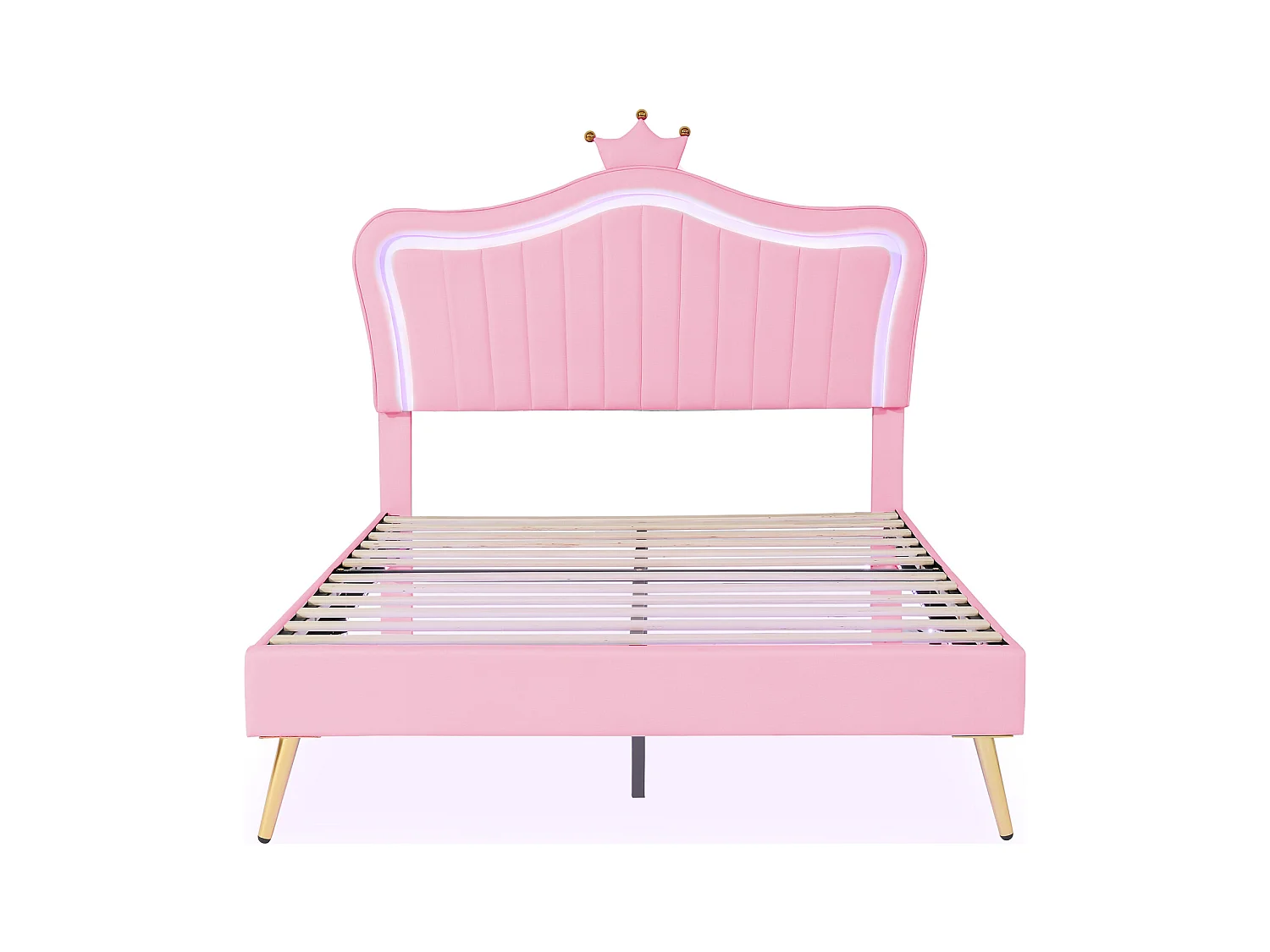 Lit enfant 140x200cm rose en PU, tête de lit en forme de couronne réglable en hauteur avec LED, sans matelas