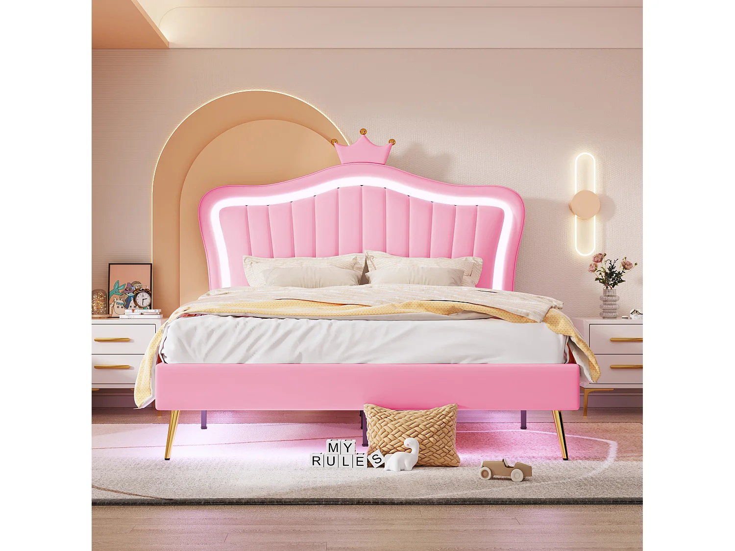 Lit enfant 140x200cm rose en PU, tête de lit en forme de couronne réglable en hauteur avec LED, sans matelas